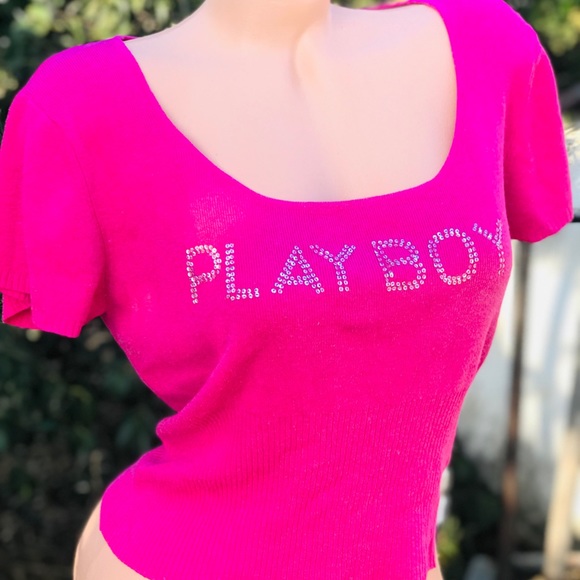 Playboy bunny sweater top Pink retro Dollbaby shirt sexy cap sleeve crop Y2K vtg - Picture 2 of 9
